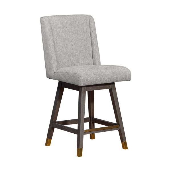 26" Brown and Gray Fabric and Solid Wood Counter Height Swivel Bar Chair - Image 2