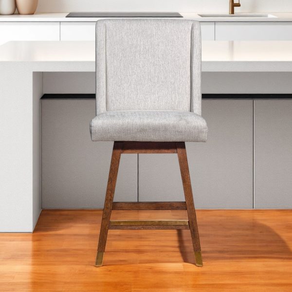 26" Beige and Brown Fabric and Solid Wood Counter Height Swivel Bar Chair - Image 2