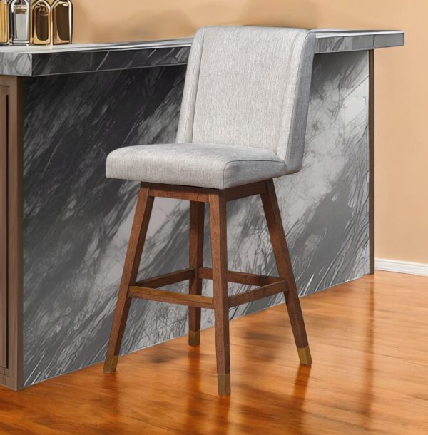 30" Beige and Wood Brown Solid Wood Bar Height Swivel Bar Chair