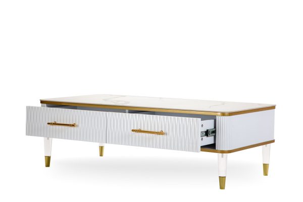 47" White Gold and Faux Stone Rectangular Coffee Table With Drawer - Image 2