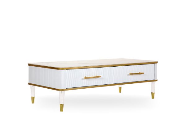 47" White Gold and Faux Stone Rectangular Coffee Table With Drawer - Image 3