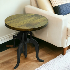 19" Industrial And Oak Solid Wood Round End Table