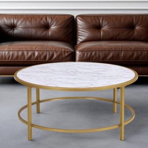 36" White And Gold Faux Marble And Metal Round Coffee Table