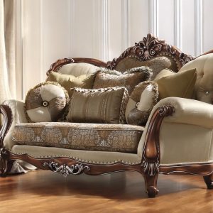 74" Tan And Brown Velvet Damask Curved Loveseat and Toss Pillows