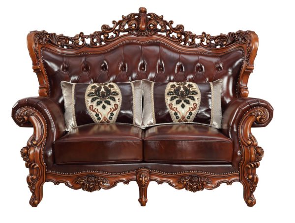 69" Brown And Walnut Top Grain Leather Curved Loveseat and Toss Pillows - Image 2