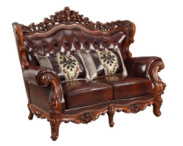 69" Brown And Walnut Top Grain Leather Curved Loveseat and Toss Pillows - Image 3