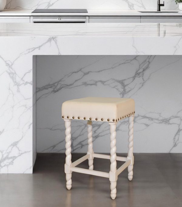 24" Cream And White Solid Wood Backless Counter Height Bar Chair