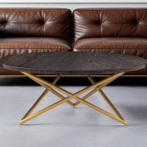 43" Brown And Gold Genuine Marble And Metal Round Coffee Table