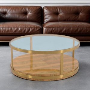 43" Clear Gold And Brown Glass Wood and Metal Round Coffee Table With Shelf
