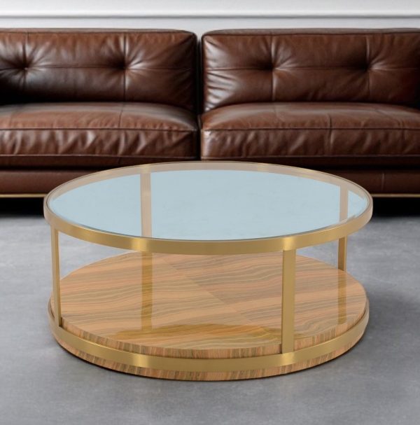 43" Clear Gold And Brown Glass Wood and Metal Round Coffee Table With Shelf