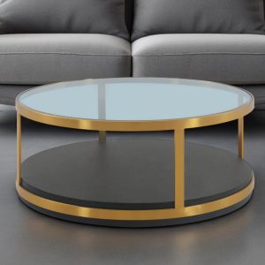 43" Clear And Black Gold Glass And Solid Wood and Metal Round Coffee Table With Shelf