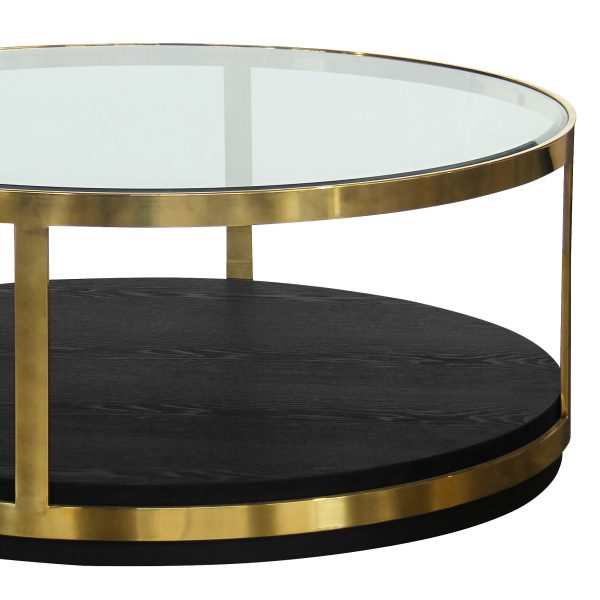 44" Black And Gold Glass And Metal Round Coffee Table With Shelf - Image 3