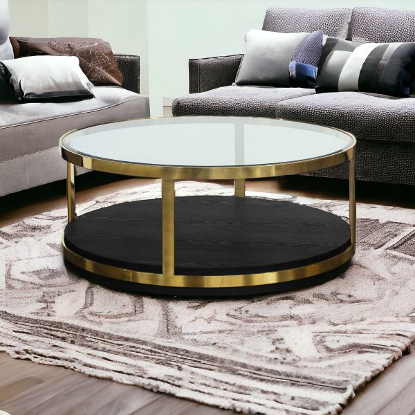 44" Black And Gold Glass And Metal Round Coffee Table With Shelf - Image 2