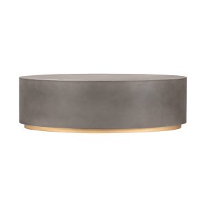 28" Gray And Brass Concrete And Brass Oval Coffee Table