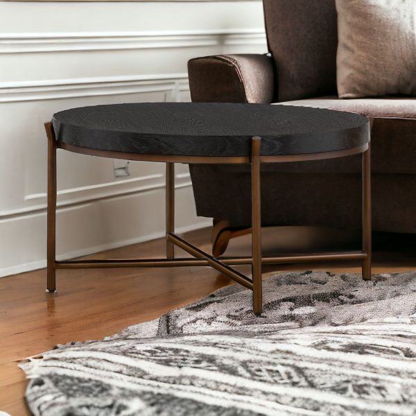 32" Black And Brown Solid Wood And Metal Round Coffee Table - Image 2