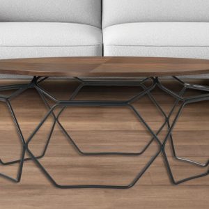 36" Brown And Black Solid Wood And Metal Round Coffee Table