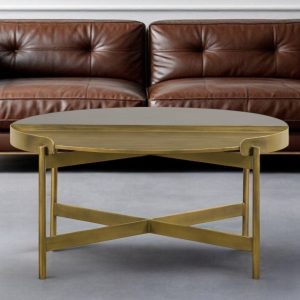 32" Gray And Brass Concrete And Metal Round Coffee Table