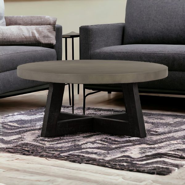36" Gray And Black Concrete And Solid Wood Round Coffee Table - Image 2