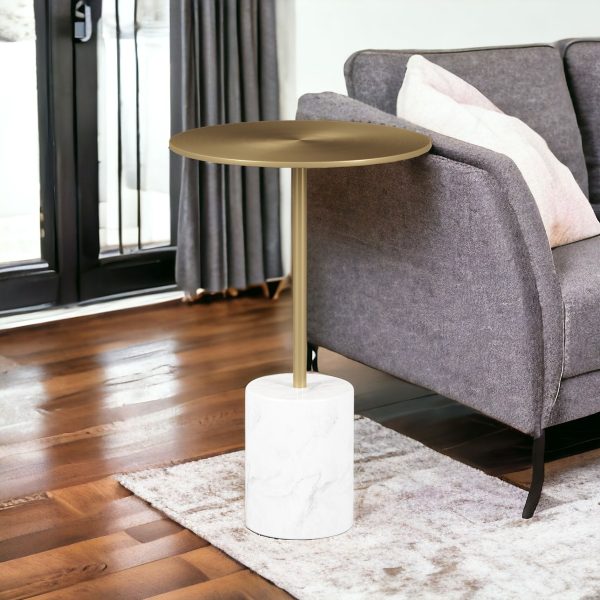 20" White And Gold Steel And Marble Round End Table - Image 2