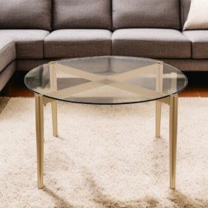 36" Clear And Gold Glass And Steel Round Coffee Table