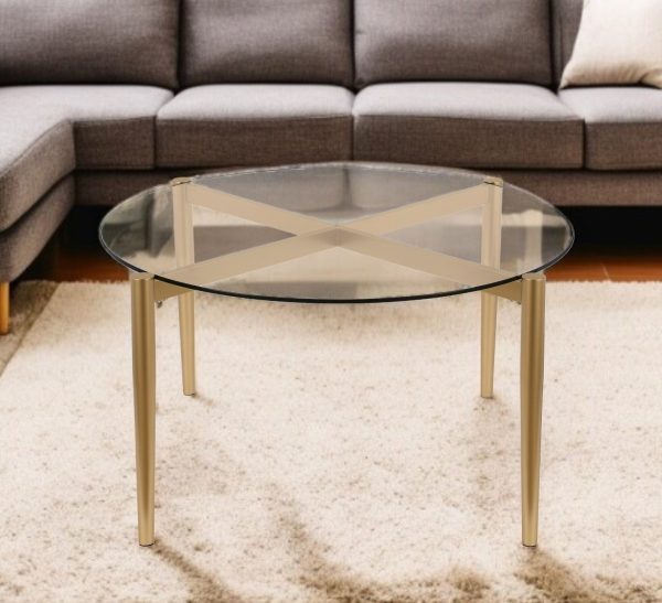 36" Clear And Gold Glass And Steel Round Coffee Table