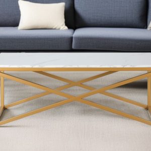46" Gold Faux Marble And Steel Sled Coffee Table