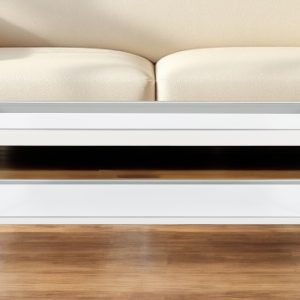 45" Clear Glass And White Steel Coffee Table With Shelf