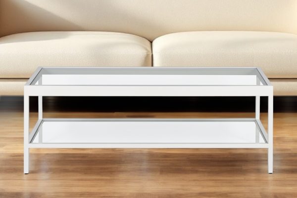 45" Clear Glass And White Steel Coffee Table With Shelf