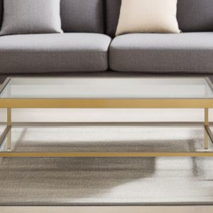 45" Clear Glass And Gold Steel Coffee Table With Shelf