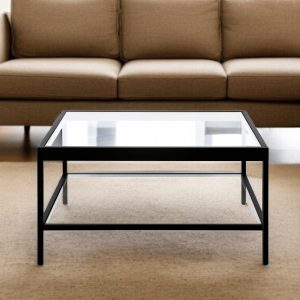 32" Clear And Black Glass And Steel Square Coffee Table With Shelf