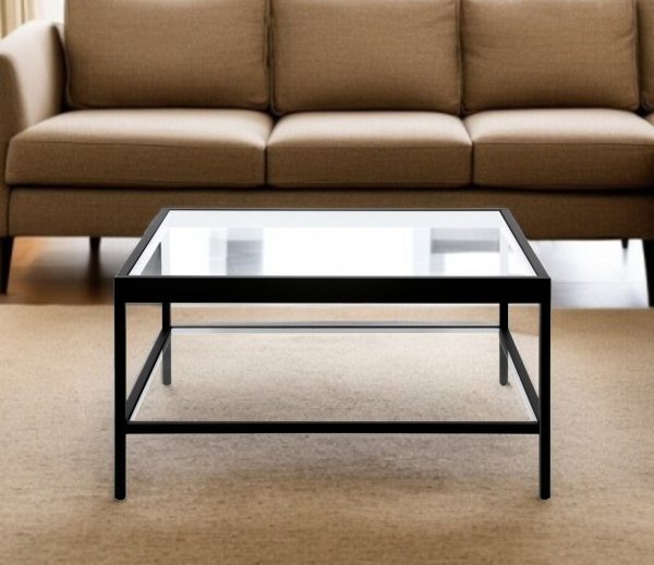 32" Clear And Black Glass And Steel Square Coffee Table With Shelf