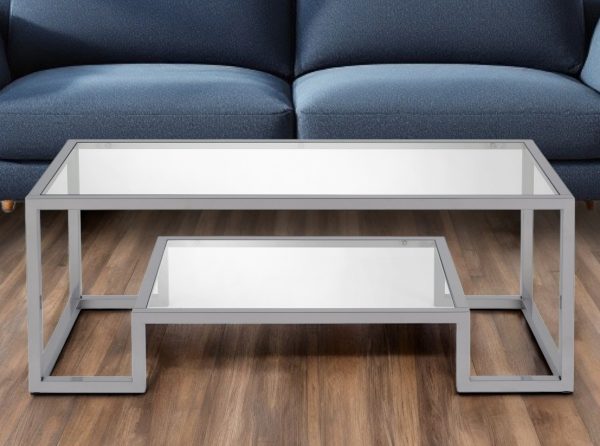 45" Silver Glass And Steel Coffee Table With Shelf