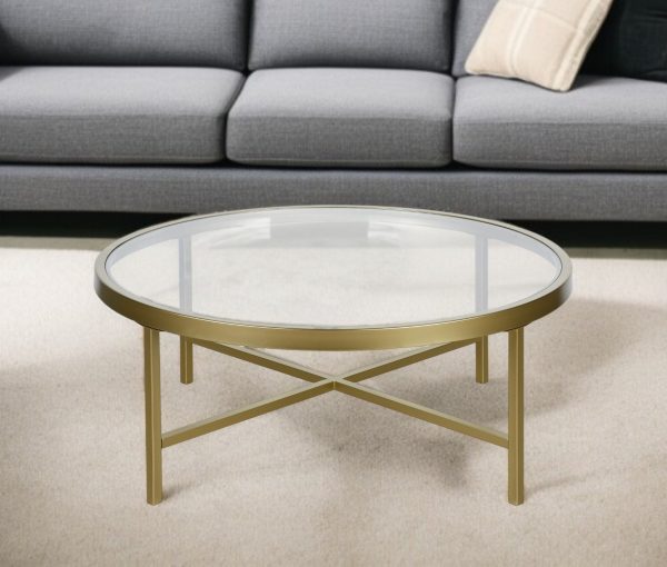 36" Gold Glass And Steel Round Coffee Table - Image 2