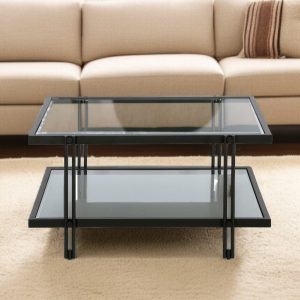 32" Clear And Black Glass And Steel Square Coffee Table With Shelf