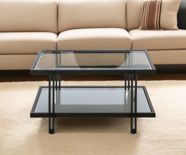 32" Clear And Black Glass And Steel Square Coffee Table With Shelf