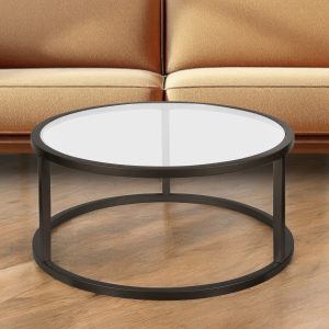 35" Black Glass And Steel Round Coffee Table