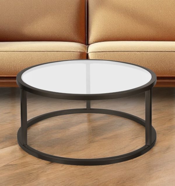 35" Black Glass And Steel Round Coffee Table