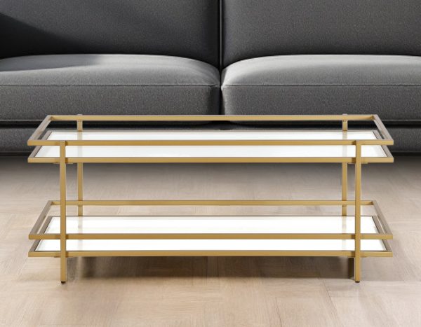 45" Gold Glass And Steel Coffee Table With Shelf