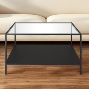 32" Black Glass And Steel Square Coffee Table With Shelf