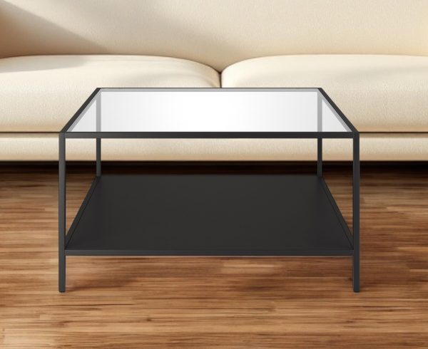 32" Black Glass And Steel Square Coffee Table With Shelf