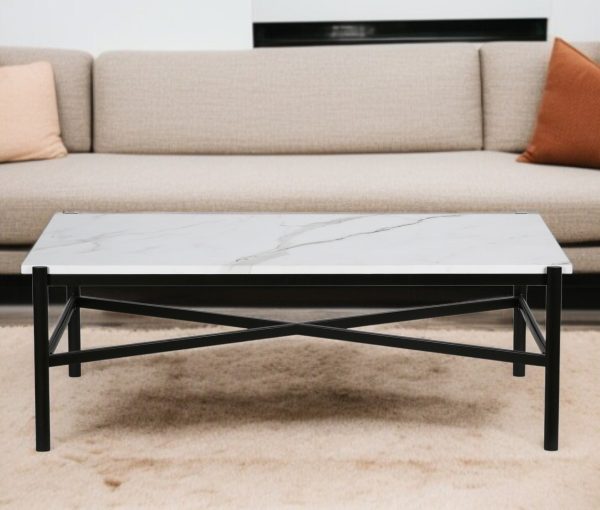 46" Black And White Faux Marble And Steel Coffee Table