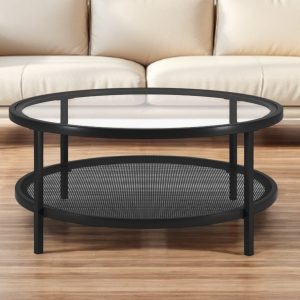 36" Black Glass And Steel Round Coffee Table With Shelf