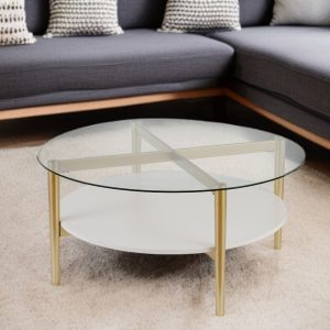 36" Clear And Gold Glass And Steel Round Coffee Table With Shelf