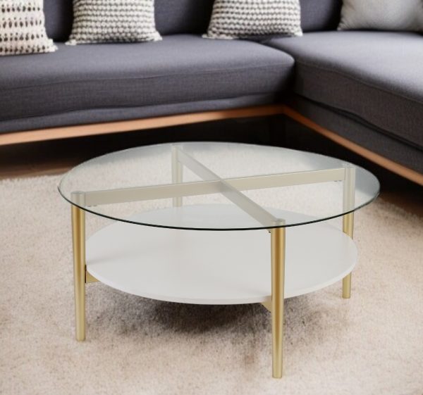 36" Clear And Gold Glass And Steel Round Coffee Table With Shelf