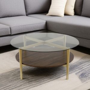 36" Gold Glass And Steel Round Coffee Table With Shelf