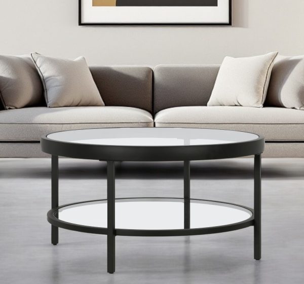32" Clear And Black Glass And Steel Round Coffee Table With Shelf - Image 2