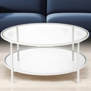 36" White Glass And Steel Round Coffee Table With Shelf
