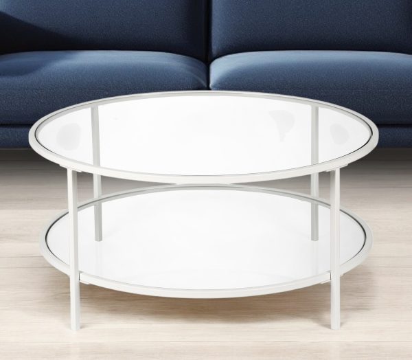 36" White Glass And Steel Round Coffee Table With Shelf