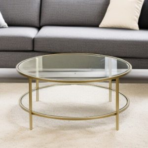 36" Gold Glass And Steel Round Coffee Table With Shelf