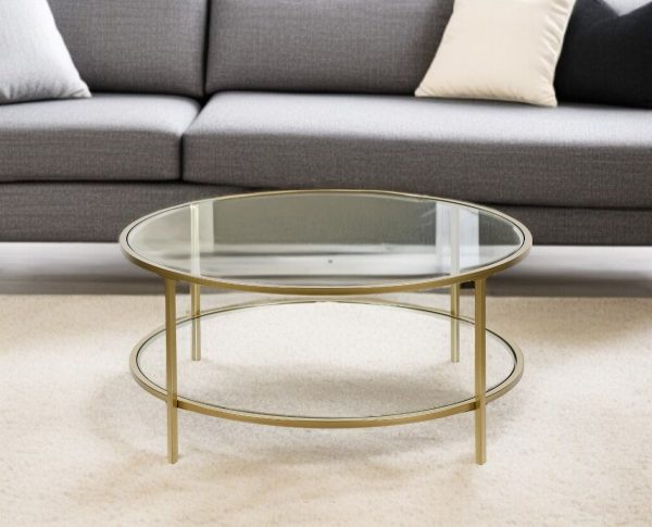 36" Gold Glass And Steel Round Coffee Table With Shelf